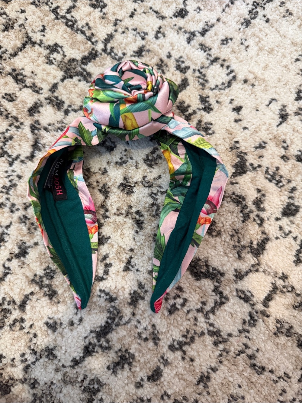 Pink Floral Knot Headband with Green Lining